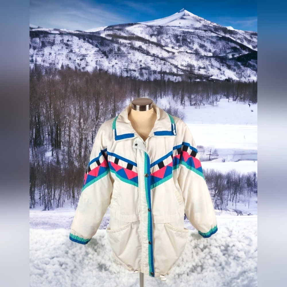 London Fog Vintage White Multicolor Geometric Jacket - Picture 2 of 14